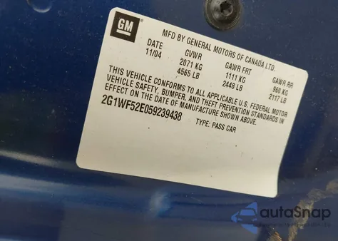 2005 Chevrolet Impala from USA, damaged, VIN 2G1WF52E059239438